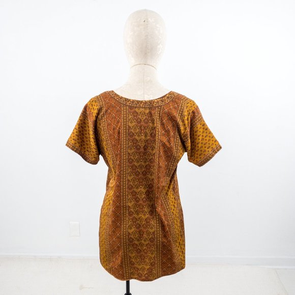 Vintage 70s M Silk Hippy Print Blouse Brown Tan - Picture 4 of 8